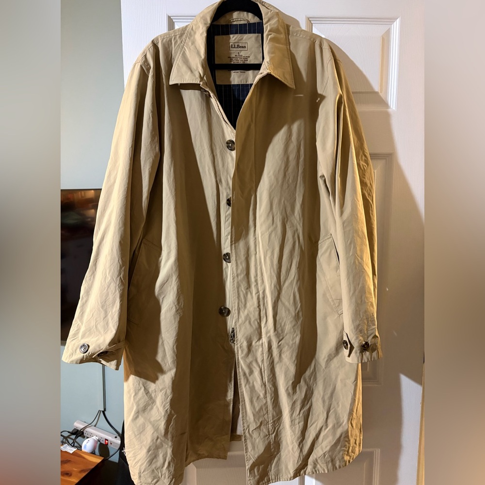 LL Bean Full Length Wool Lined Rain Trench Coat Size Large Tall